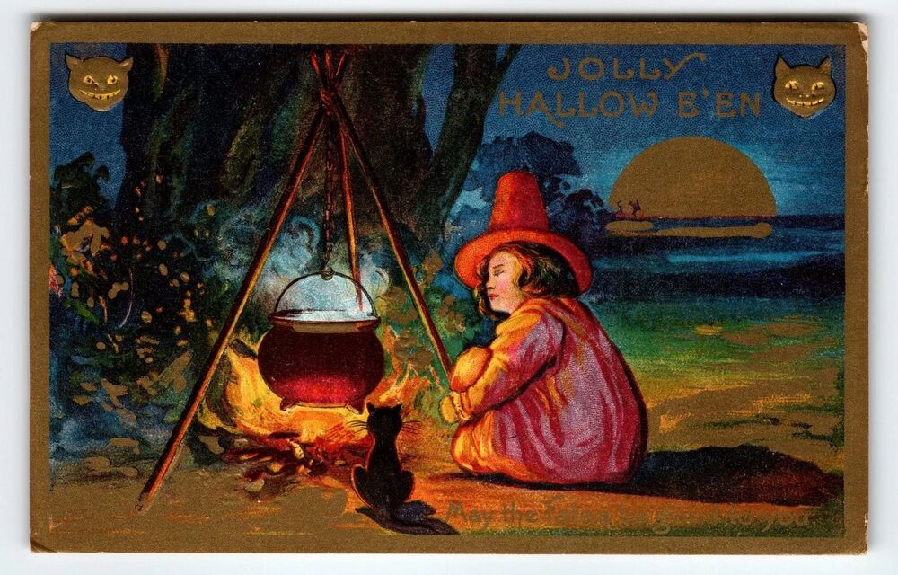 Vintage 1909 Halloween Postcard Witch Cauldron Black Cat Moon Embossed Gold